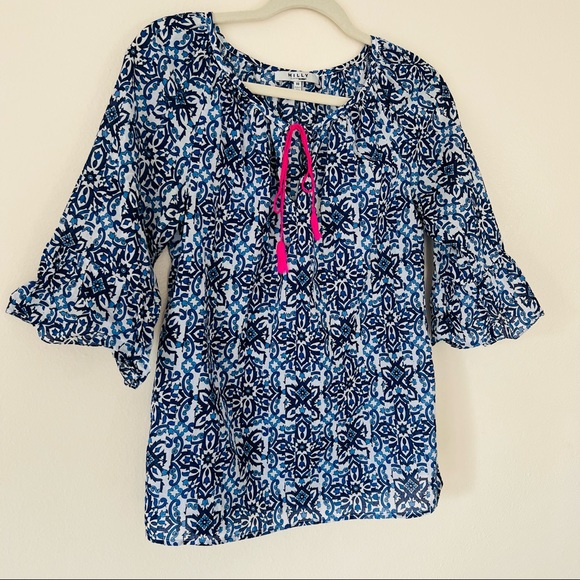 Milly For Design Nation Tassel boho bell sleeve Mosaic Tile Printed blouse Top - Picture 7 of 8